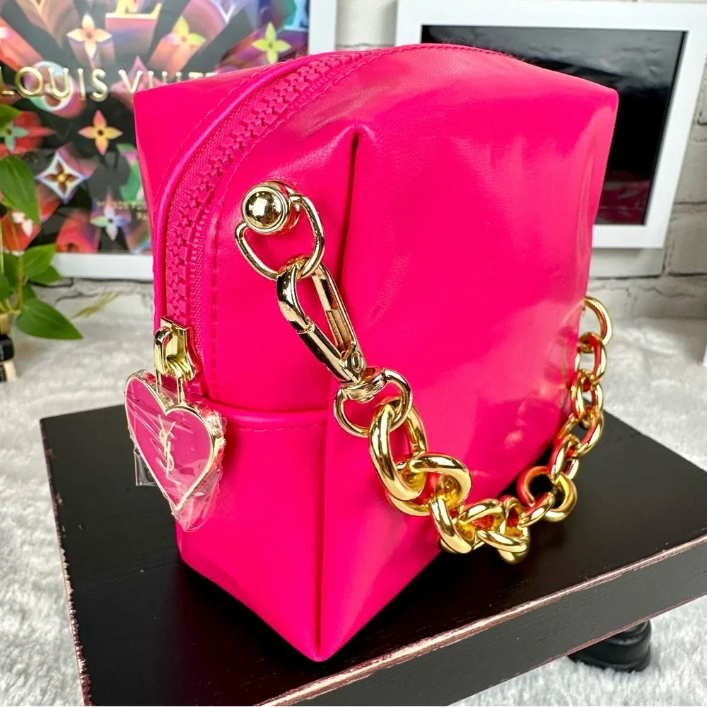 YSL Yves Saint Laurent Hot Pink faux leathe Beauty Pouch Wristlet bag wi… - Picture 4 of 10